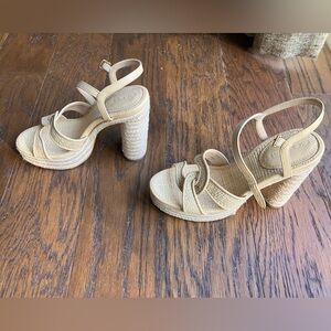 Coach. 6.5. Never worn outdoors. Beige, cream, brown wicker material.